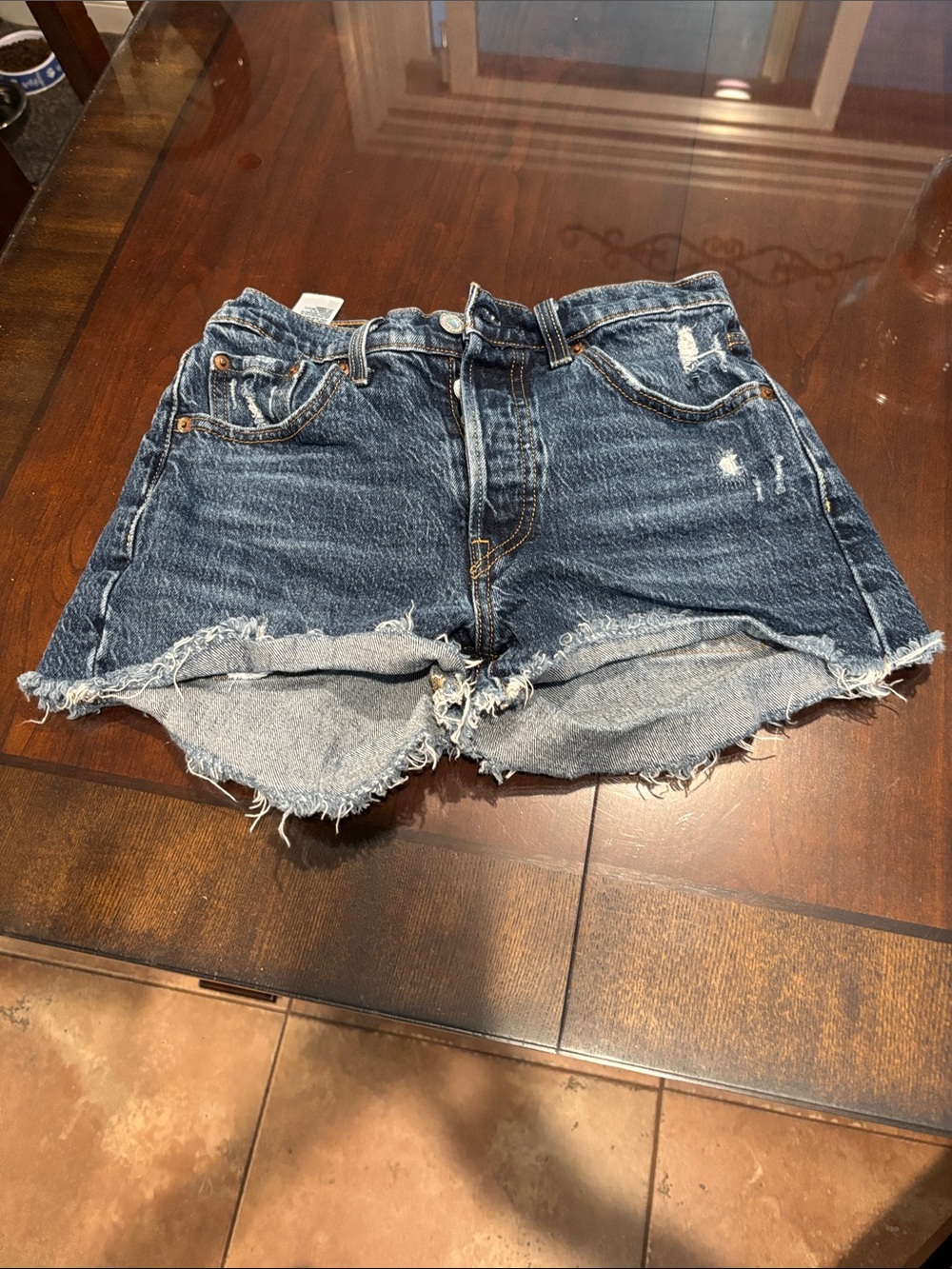 Levi's 501 Distressed Dark Blue Denim Cutoff Shorts
